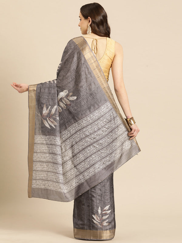 Brown Silk Blend Digital Print Floral Saree with Unstitched Blouse - Hiral Fashion - Distacart