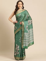 Thumbnail for Green Silk Blend Digital Print Floral Saree with Unstitched Blouse - Hiral Fashion - Distacart