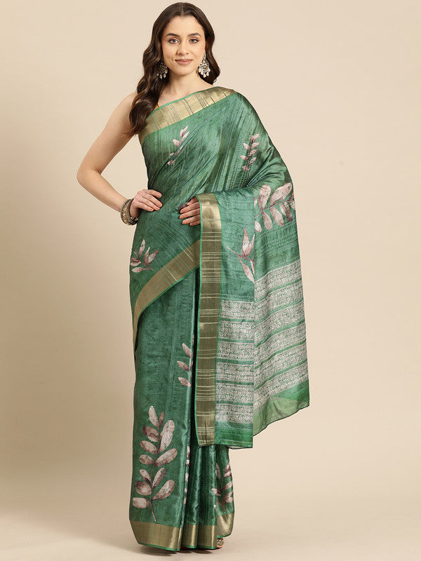 Green Silk Blend Digital Print Floral Saree with Unstitched Blouse - Hiral Fashion - Distacart