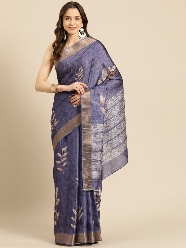 Royal Blue Silk Blend Digital Print Floral Saree with Unstitched Blouse - Hiral Fashion - Distacart