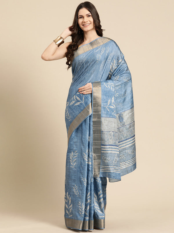 Blue Silk Blend Digital Print Floral Saree with Unstitched Blouse - Hiral Fashion - Distacart