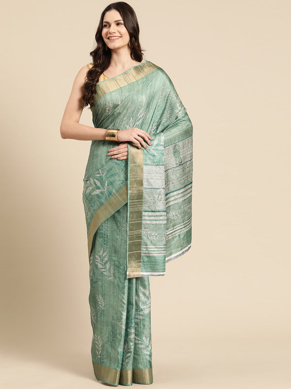 Green Silk Blend Digital Print Floral Saree with Unstitched Blouse - Hiral Fashion - Distacart