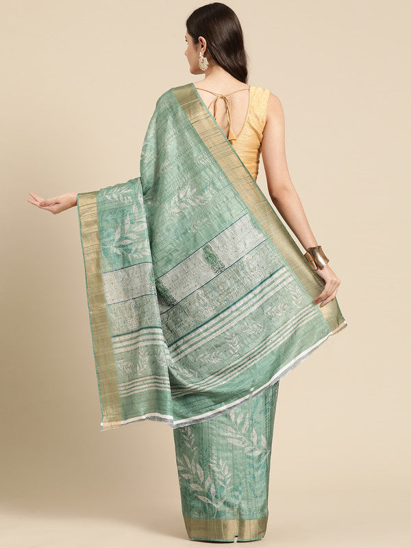 Green Silk Blend Digital Print Floral Saree with Unstitched Blouse - Hiral Fashion - Distacart