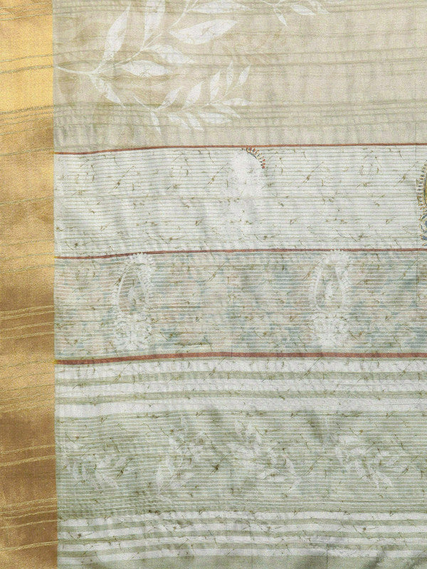 Olive Silk Blend Digital Print Floral Saree with Unstitched Blouse - Hiral Fashion - Distacart