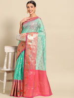 Thumbnail for Turquoise Art Silk Woven Zari Design Ethnic Motifs Saree with Unstitched Blouse - Hiral Fashion - Distacart