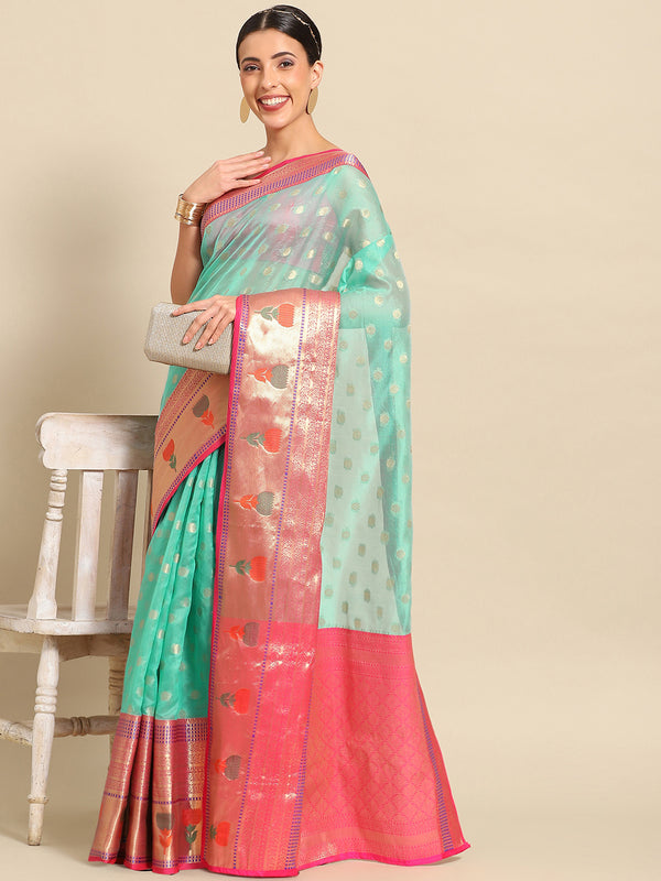 Turquoise Art Silk Woven Zari Design Ethnic Motifs Saree with Unstitched Blouse - Hiral Fashion - Distacart
