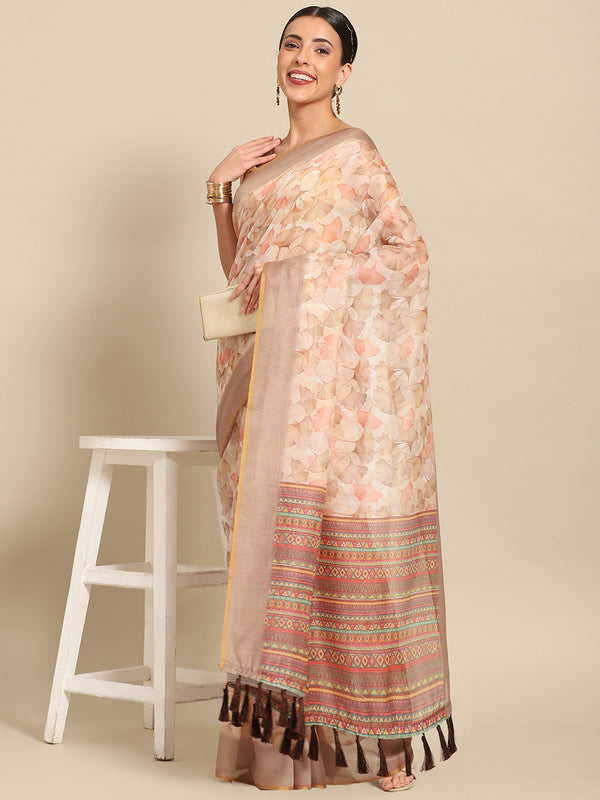 Beige Pure Cotton Printed Floral Saree with Unstitched Blouse - Hiral Fashion - Distacart