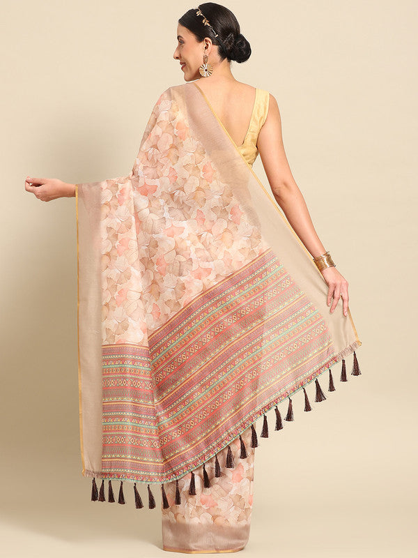 Beige Pure Cotton Printed Floral Saree with Unstitched Blouse - Hiral Fashion - Distacart