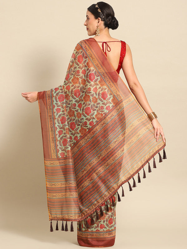 Green Pure Cotton Printed Floral Saree with Unstitched Blouse - Hiral Fashion - Distacart