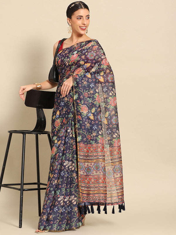 Navy Blue Pure Cotton Printed Floral Saree with Unstitched Blouse - Hiral Fashion - Distacart