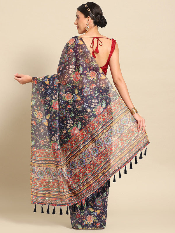 Navy Blue Pure Cotton Printed Floral Saree with Unstitched Blouse - Hiral Fashion - Distacart