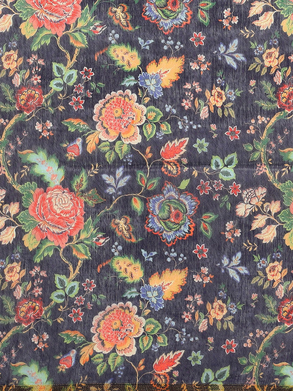 Navy Blue Pure Cotton Printed Floral Saree with Unstitched Blouse - Hiral Fashion - Distacart