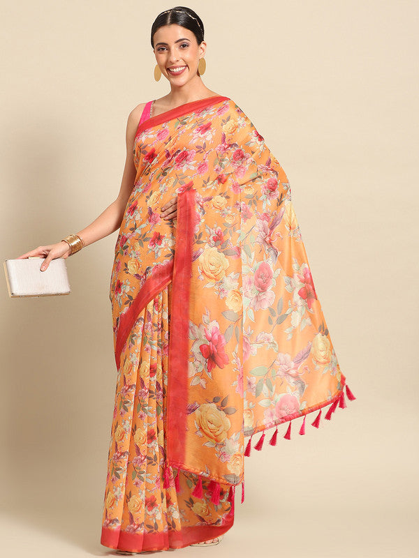 Orange Pure Cotton Printed Floral Saree with Unstitched Blouse - Hiral Fashion - Distacart