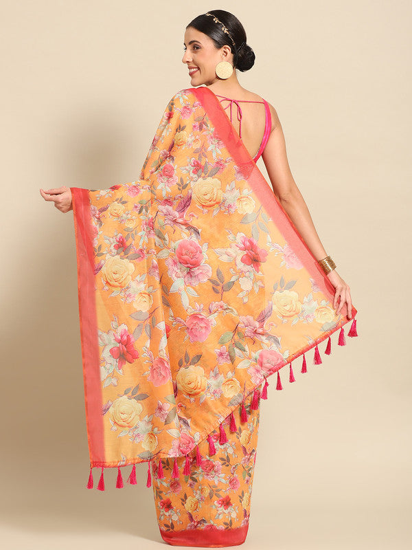 Orange Pure Cotton Printed Floral Saree with Unstitched Blouse - Hiral Fashion - Distacart