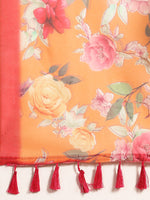 Thumbnail for Orange Pure Cotton Printed Floral Saree with Unstitched Blouse - Hiral Fashion - Distacart