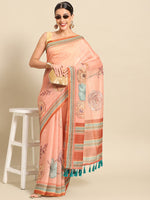 Thumbnail for Peach Pure Cotton Printed Floral Saree with Unstitched Blouse - Hiral Fashion - Distacart