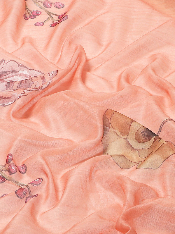 Peach Pure Cotton Printed Floral Saree with Unstitched Blouse - Hiral Fashion - Distacart