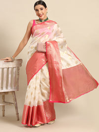 Thumbnail for White Silk Blend Woven Zari Design Floral Saree with Unstitched Blouse - Hiral Fashion