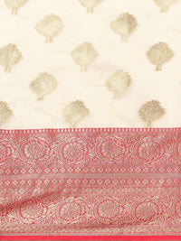 Thumbnail for White Silk Blend Woven Zari Design Floral Saree with Unstitched Blouse - Hiral Fashion