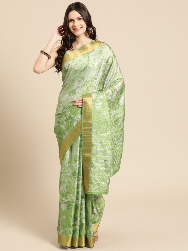 Green Silk Blend Digital Print Floral Saree with Unstitched Blouse - Hiral Fashion - Distacart