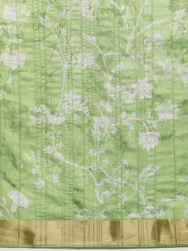 Green Silk Blend Digital Print Floral Saree with Unstitched Blouse - Hiral Fashion - Distacart