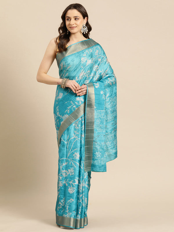 Turquoise Silk Blend Digital Print Floral Saree with Unstitched Blouse - Hiral Fashion - Distacart
