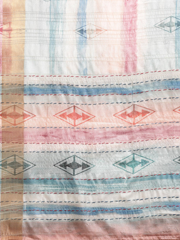 Multicolor Silk Blend Printed Geomatric Saree with Unstitched Blouse - Hiral Fashion - Distacart