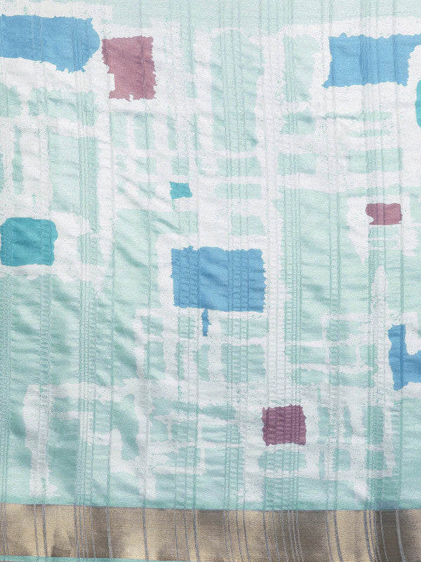 Turquoise Silk Blend Printed Geomatric Saree with Unstitched Blouse - Hiral Fashion - Distacart
