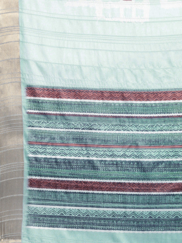 Turquoise Silk Blend Printed Geomatric Saree with Unstitched Blouse - Hiral Fashion - Distacart