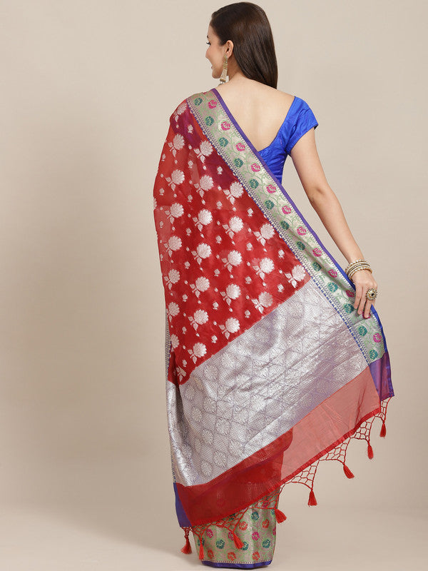 Red Art Silk Woven Zari Design Floral Saree with Unstitched Blouse - Hiral Fashion - Distacart