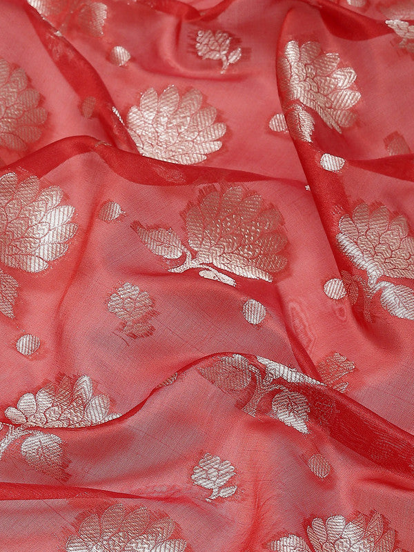 Red Art Silk Woven Zari Design Floral Saree with Unstitched Blouse - Hiral Fashion - Distacart