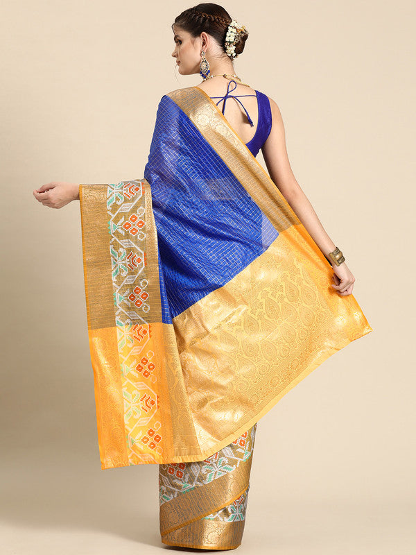 Blue Banarasi Silk Woven Zari Design Checked Saree with Unstitched Blouse - Hiral Fashion - Distacart