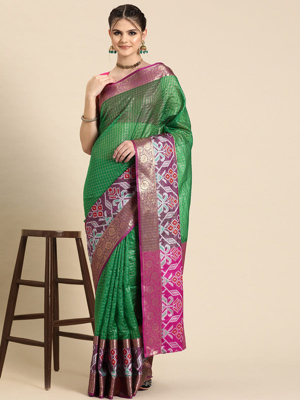 Green Banarasi Silk Woven Zari Design Checked Saree with Unstitched Blouse - Hiral Fashion - Distacart