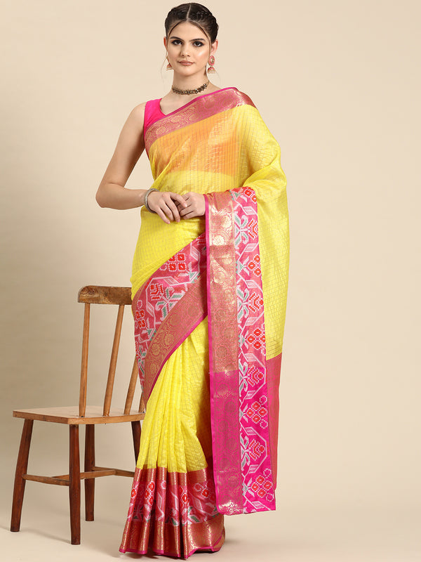 Yellow Banarasi Silk Woven Zari Design Checked Saree with Unstitched Blouse - Hiral Fashion - Distacart
