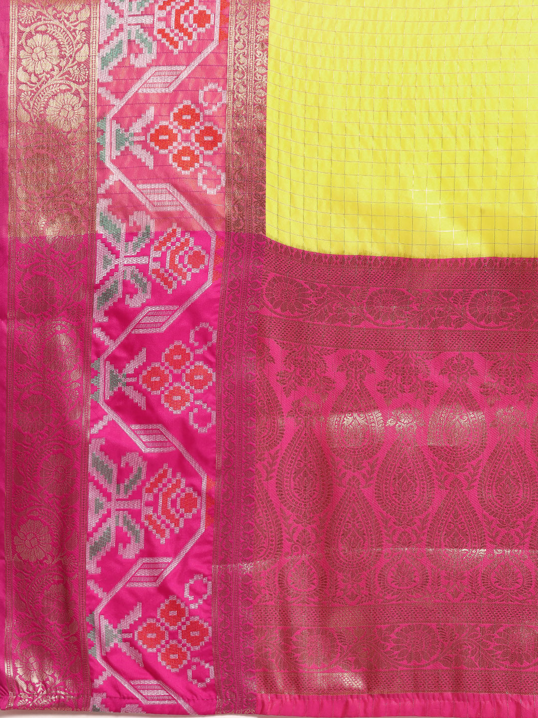 Yellow Banarasi Silk Woven Zari Design Checked Saree with Unstitched Blouse - Hiral Fashion - Distacart