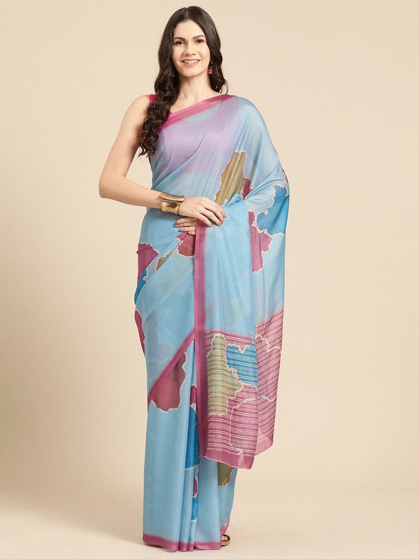 Aqua Silk Blend Printed Abstract Saree with Unstitched Blouse - Hiral Fashion