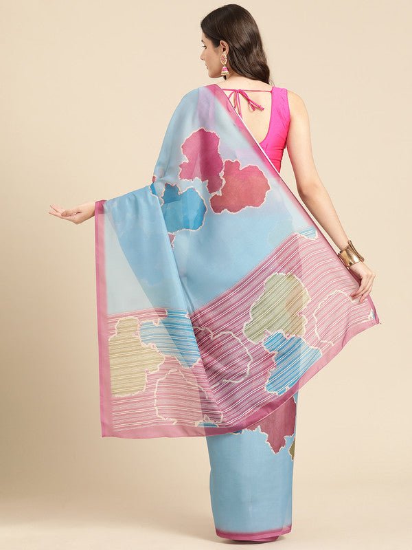 Aqua Silk Blend Printed Abstract Saree with Unstitched Blouse - Hiral Fashion