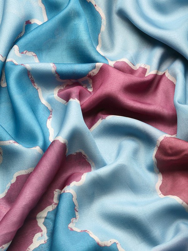 Aqua Silk Blend Printed Abstract Saree with Unstitched Blouse - Hiral Fashion