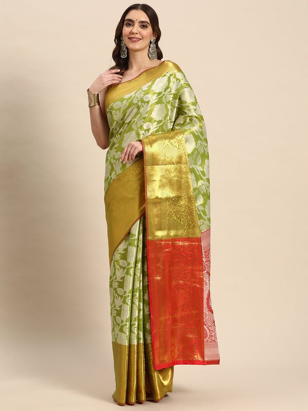 Green Tissue Silk Woven Zari Design Floral Saree with Unstitched Blouse - Hiral Fashion - Distacart