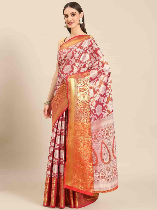 Pink Tissue Silk Woven Zari Design Floral Saree with Unstitched Blouse - Hiral Fashion - Distacart