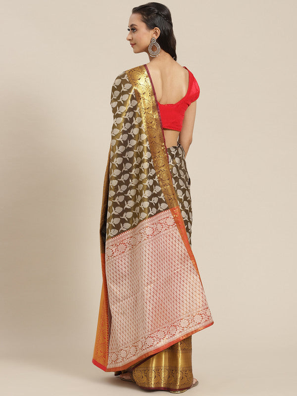 Black Brocade Woven Zari Design Floral Saree with Unstitched Blouse - Hiral Fashion - Distacart