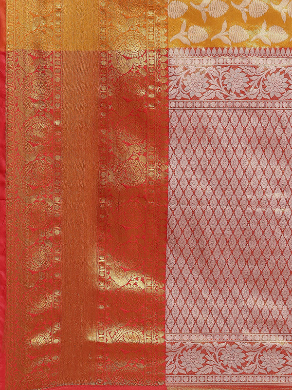 Mustard Brocade Woven Zari Design Floral Saree with Unstitched Blouse - Hiral Fashion - Distacart
