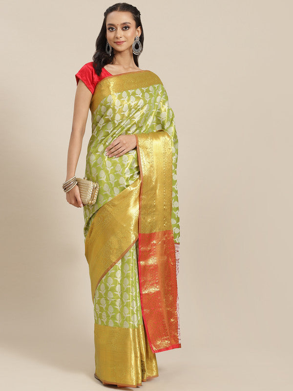 Green Brocade Woven Zari Design Floral Saree with Unstitched Blouse - Hiral Fashion - Distacart