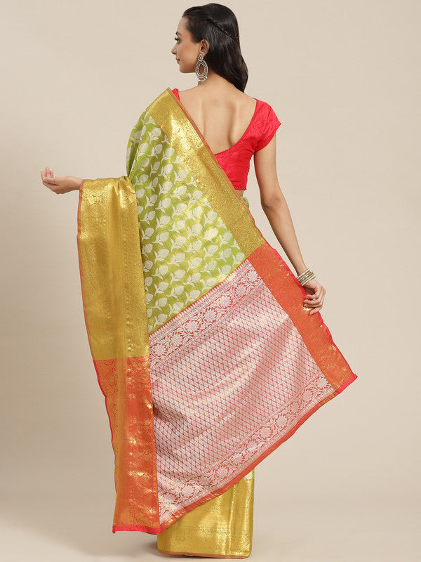 Green Brocade Woven Zari Design Floral Saree with Unstitched Blouse - Hiral Fashion - Distacart