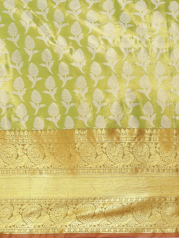 Green Brocade Woven Zari Design Floral Saree with Unstitched Blouse - Hiral Fashion - Distacart