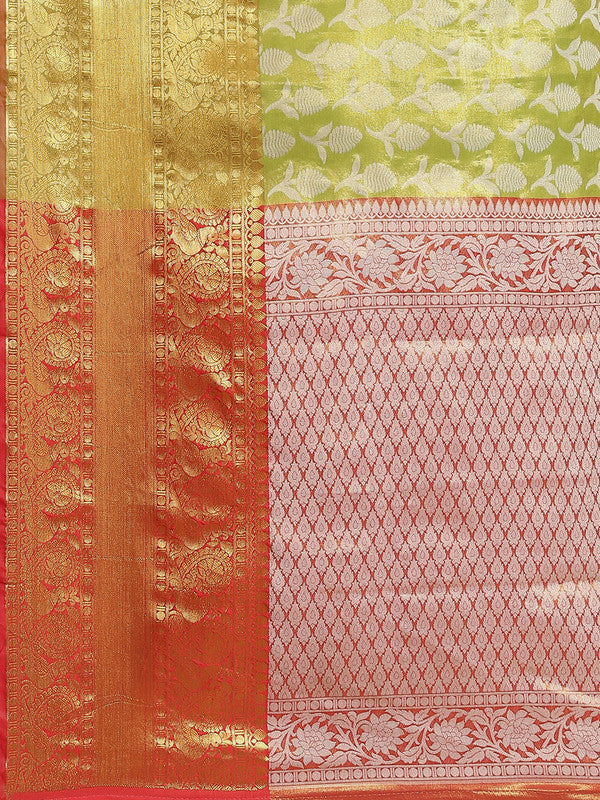 Green Brocade Woven Zari Design Floral Saree with Unstitched Blouse - Hiral Fashion - Distacart