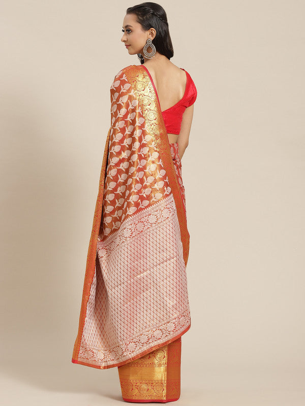 Red Brocade Woven Zari Design Floral Saree with Unstitched Blouse - Hiral Fashion - Distacart