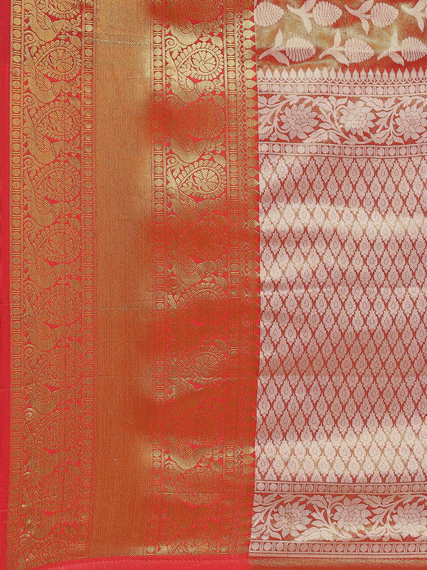 Red Brocade Woven Zari Design Floral Saree with Unstitched Blouse - Hiral Fashion - Distacart
