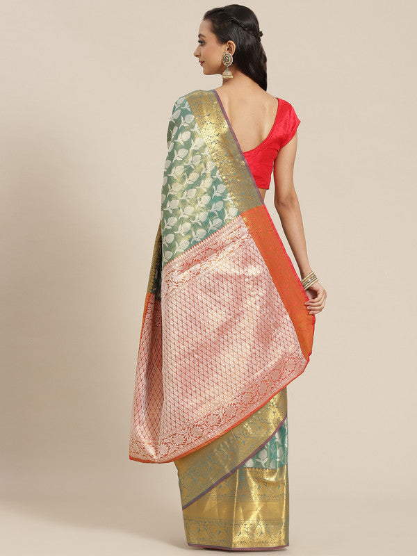 Turquoise Brocade Woven Zari Design Floral Saree with Unstitched Blouse - Hiral Fashion - Distacart