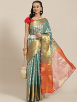 Thumbnail for Turquoise Brocade Woven Zari Design Floral Saree with Unstitched Blouse - Hiral Fashion - Distacart